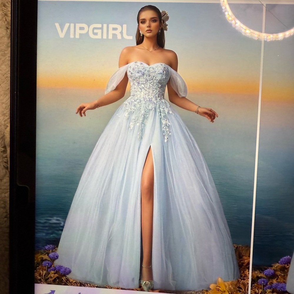 Glamorous light blue off the shoulder embroidered tulle formal dress - Picture 6 of 14